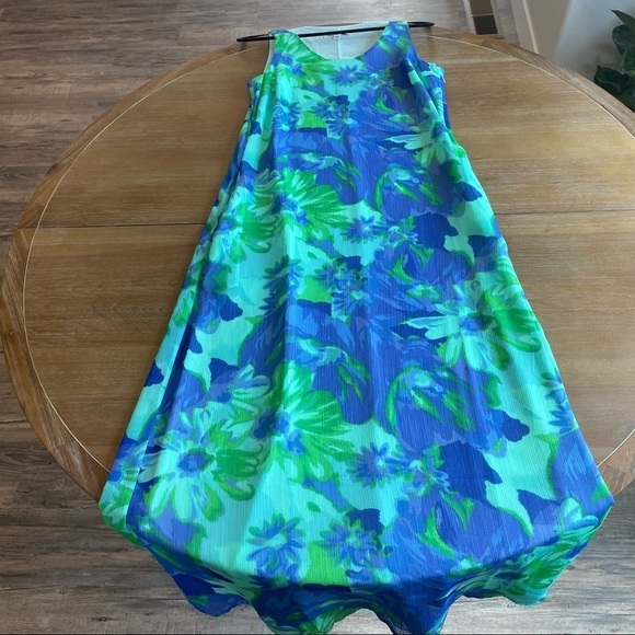 Isaac Mizrahi Bright Blue and Green Floral Flowy Sleeveless Maxi Dress Sz Small - Picture 6 of 14